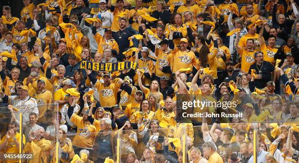 Nashville Predators fans celebrate a goal by Austin Watson of the Nashville Predators against the Colorado Avalanche in Game One of the Western...