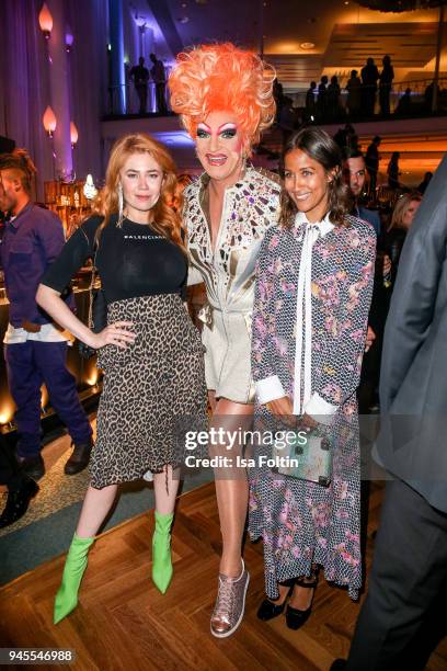 German presenter and model Palina Rojinski, Drag Queen Olivia Jones and Rabea Schif during the Echo Award after show party at Palais am Funkturm on...