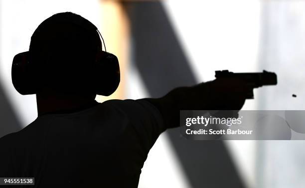 Bronze medalist Sam Gowin of England competes during the 25m Rapid Fire Pistol Men's Finals during the Shooting on day nine of the Gold Coast 2018...