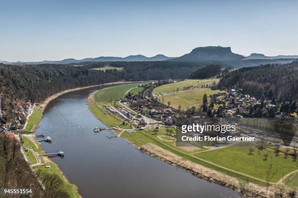 View of the river Elbe, the mountain Lilienstein and rocks of the Bastei in Saxon Switzerland on April 07, 2018 in Rathen, Germany.