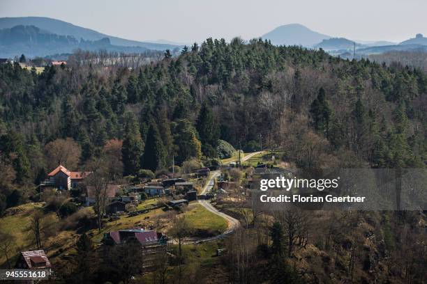 View of a small garden settlement in the middle of a forest in Saxon Switzerland on April 07, 2018 in Rathen, Germany.