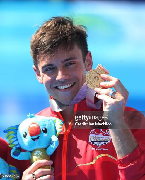 Tom Daley is seen after winning the Men's 10m Syncro Platform with Daniel Goodfellow during Diving on day nine of the Gold Coast 2018 Commonwealth...