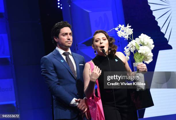 Ben Feldman and Rachel Bloom speak onstage at the 29th Annual GLAAD Media Awards at The Beverly Hilton Hotel on April 12, 2018 in Beverly Hills,...