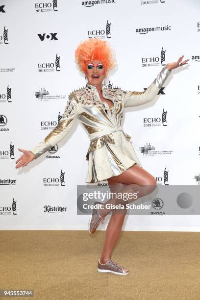 Olivia Jones arrives for the Echo Award at Messe Berlin on April 12, 2018 in Berlin, Germany.