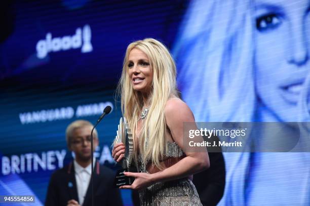 Honoree Britney Spears accepts the Vanguard Award onstage at the 29th Annual GLAAD Media Awards at The Beverly Hilton Hotel on April 12, 2018 in...