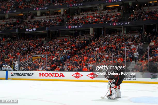 John Gibson of the Anaheim Ducks reacts after a goal by the San Jose Sharks in Game One of the Western Conference First Round during the 2018 NHL...