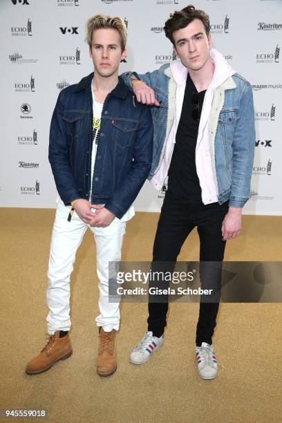 Dorian Lauduique, Cesar Laurent de Rummel of the band Ofenbach arrives for the Echo Award at Messe Berlin on April 12, 2018 in Berlin, Germany.