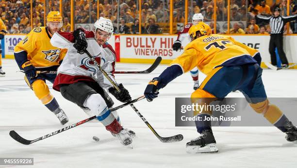 Subban of the Nashville Predators defends against Matt Nieto of the Colorado Avalanche in Game One of the Western Conference First Round during the...