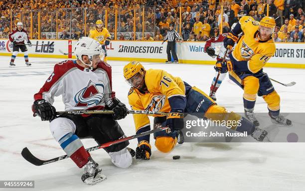 Subban of the Nashville Predators defends against Matt Nieto of the Colorado Avalanche in Game One of the Western Conference First Round during the...