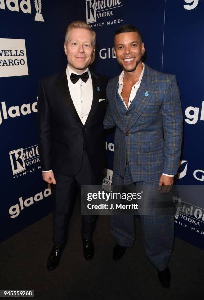 Anthony Rapp and Wilson Cruz pose backstage at the 29th Annual GLAAD Media Awards at The Beverly Hilton Hotel on April 12, 2018 in Beverly Hills,...