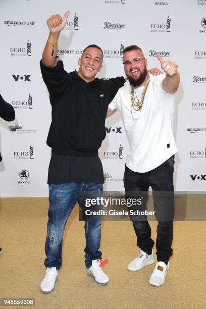 Farid Bang and Kollega arrive for the Echo Award at Messe Berlin on April 12, 2018 in Berlin, Germany.