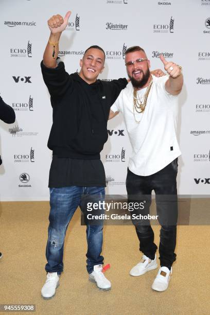 Farid Bang and Kollega arrive for the Echo Award at Messe Berlin on April 12, 2018 in Berlin, Germany.