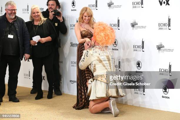 Kylie Minogue and Olivia Jones arrive for the Echo Award at Messe Berlin on April 12, 2018 in Berlin, Germany.