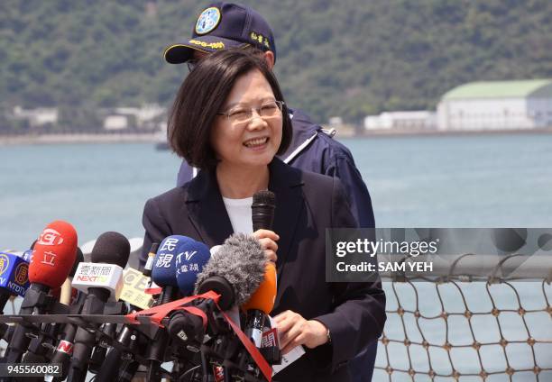 Taiwan President Tsai Ing-wen smiles during a press conference at the Keelung destroyer at the Suao navy harbour in Yilan, eastern Taiwan, on April...