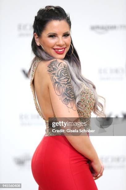 Jenny Frankhauser, sister of Daniela Katzenberger, arrives for the Echo Award at Messe Berlin on April 12, 2018 in Berlin, Germany.