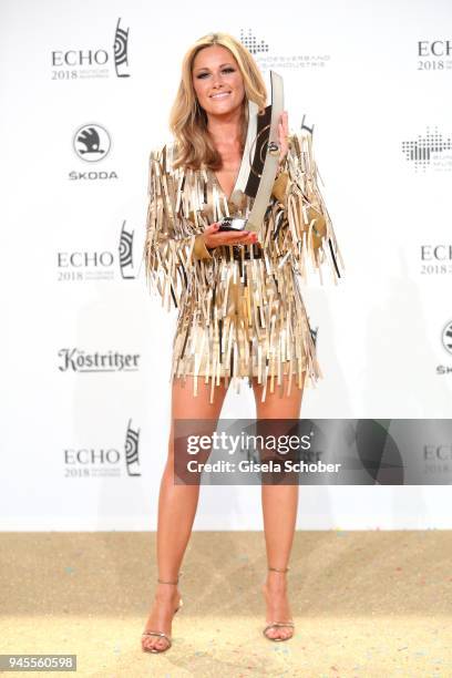 Helene Fischer poses with award during the Echo Award winners board at Messe Berlin on April 12, 2018 in Berlin, Germany.