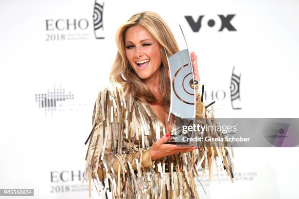 Helene Fischer poses with award during the Echo Award winners board at Messe Berlin on April 12, 2018 in Berlin, Germany.