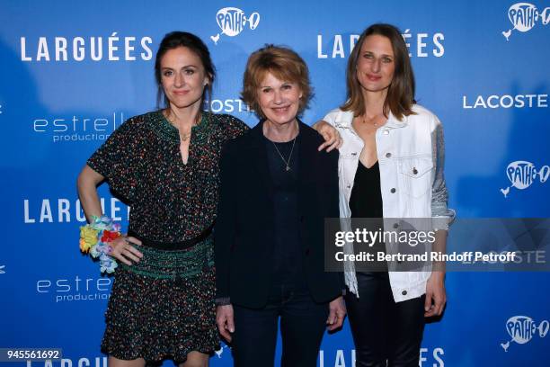 Actresses of the movie Camille Chamoux, Miou-Miou and Camille Cottin attend the "Larguees" Premiere at Cinema Gaumont Marignan on April 12, 2018 in...