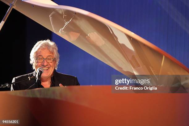 Italian singer Peppino di Capri performs during the 'Belstaff Presents New Uniforms For Italian Police' at the Direzione Generale di Pubblica...