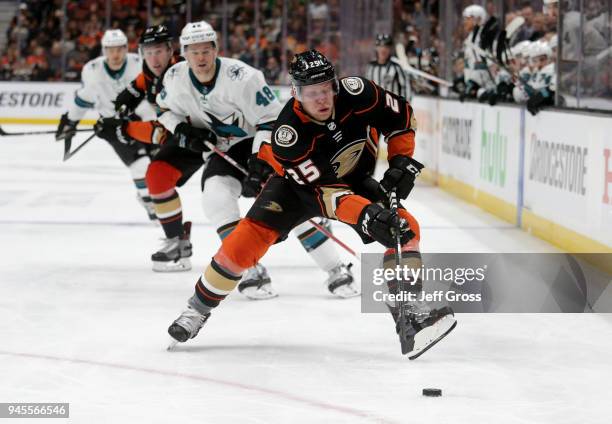 Ondrej Kase of the Anaheim Ducks is pursued by Tomas Hertl of the San Jose Sharks for the puck in the third period in Game One of the Western...