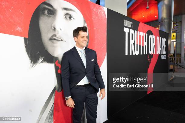 Director Jeff Wadlow attends the premiere of Universal Pictures "Blumhouse's Truth Or Dare" at ArcLight Cinemas Cinerama Dome on April 12, 2018 in...