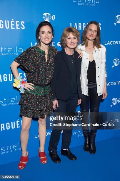 Actresses of the movie Camille Chamoux, Miou-Miou and Camille Cottin attend the 'Larguees' Premiere at Cinema Gaumont Marignan on April 12, 2018 in...