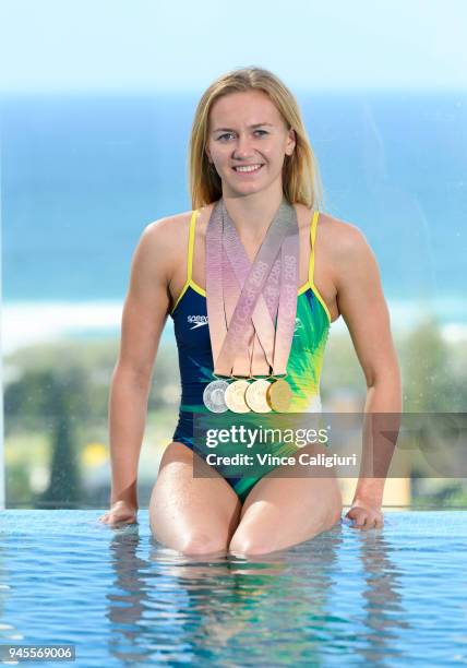 Ariarne Titmus of Australia pose with her medals during a Speedo photo shoot at The Star Casino rooftop on day eight of the Gold Coast 2018...