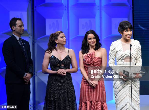 Dan Fogelman, Chelsea Peretti, Melissa Fumero and Stephanie Beatriz accept the Outstanding Comedy Series award for 'Brooklyn Nine-Nine' onstage at...
