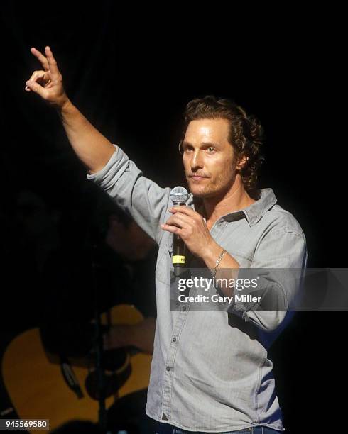 Matthew McConaughey introduces the Dixie Chicks during the Mack, Jack & McConaughey charity gala at ACL Live on April 12, 2018 in Austin, Texas.
