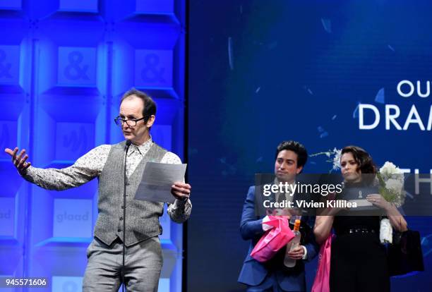 Denis O'Hare accepts the Outstanding Drama Series award for 'This Is Us' from Ben Feldman and Rachel Bloom onstage at the 29th Annual GLAAD Media...