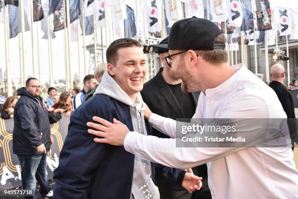 Felix Jaehn and Mark Forster arrive at the Echo Award 2018 at Messe Berlin on April 12, 2018 in Berlin, Germany.