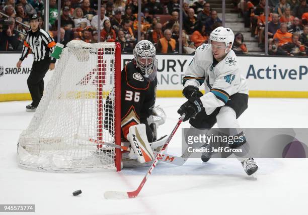 Tomas Hertl of the San Jose Sharks skates past goaltender John Gibson of the Anaheim Ducks in the second period in Game One of the Western Conference...