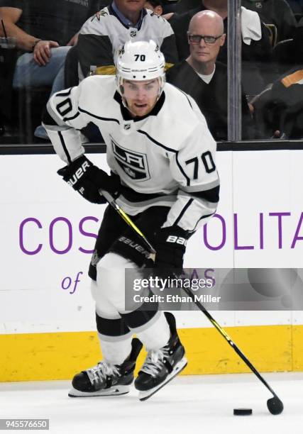 Tanner Pearson of the Los Angeles Kings skates with the puck against the Vegas Golden Knights in the third period of Game One of the Western...