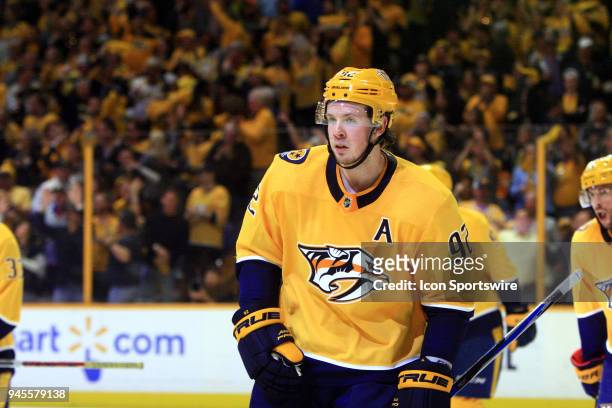 Nashville Predators center Ryan Johansen is shown following a goal by Nashville Predators right wing Craig Smith during the second period of Game One...