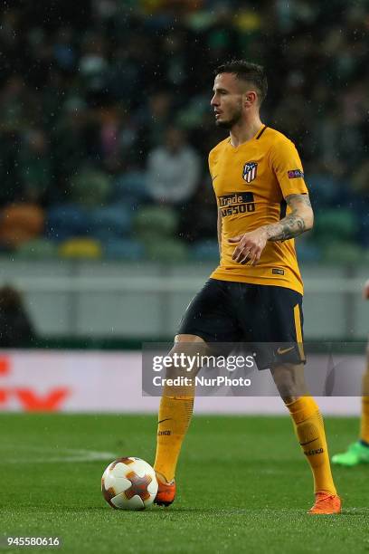 Atletico Madrids midfielder Saul Niguez of Spain in action during the UEFA Europa League second leg football match Sporting CP vs Atletico Madrid at...