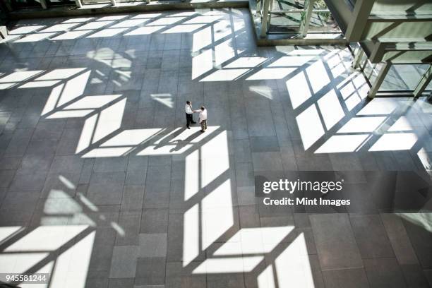 man and woman doctors conferring over medical records in a hospital lobby. - atrio-característica-arquitectónica fotografías e imágenes de stock