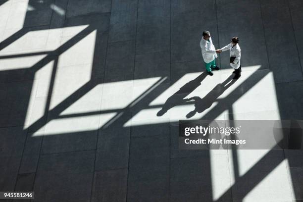 man and woman doctors conferring over medical records in a hospital lobby. - atrio fotografías e imágenes de stock