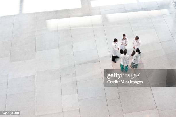 mixed race group of doctors meeting in lobby of large hospital - atrio fotografías e imágenes de stock