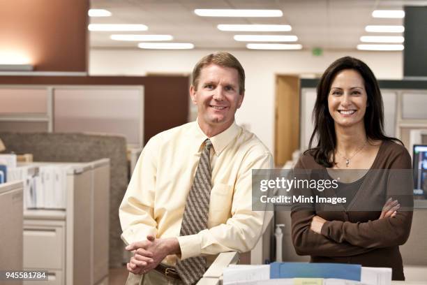 caucasian man and woman executives in cubicle area of new office space - side by side stock pictures, royalty-free photos & images