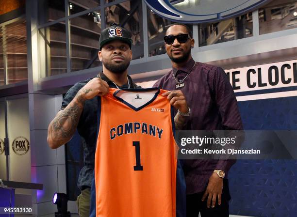 Andre Emmett poses with 3's Company co-captain DeMarr Johnson after being selected as the No. 2 pick during the BIG3 2018 Player Draft at Fox Sports...