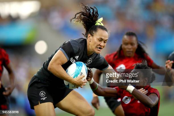 Portia Woodman of New Zealand in action in the match between New Zealand and Kenya during Rugby Sevens on day nine of the Gold Coast 2018...