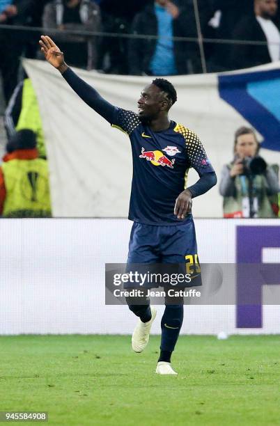 Jean-Kevin Augustin of RB Leipzig celebrates his goal during the UEFA Europa League quarter final leg two match between Olympique de Marseille and RB...