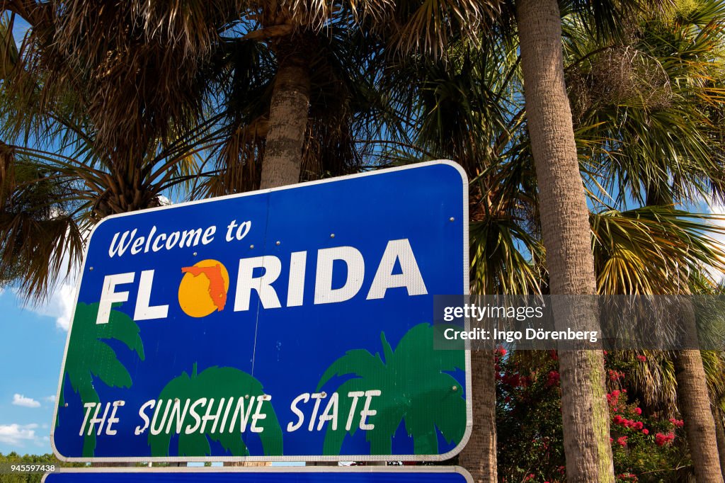 Welcome to Florida sign with palm trees in background