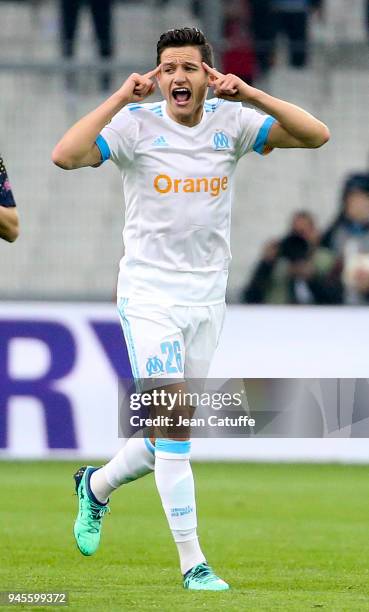 Florian Thauvin of OM celebrates the second goal during the UEFA Europa League quarter final leg two match between Olympique de Marseille and RB...