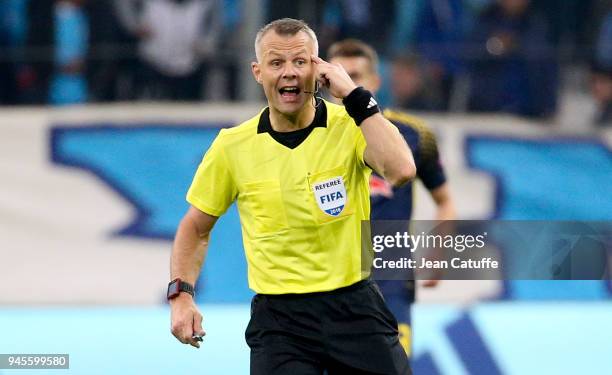 Referee Bjorn Kuipers during the UEFA Europa League quarter final leg two match between Olympique de Marseille and RB Leipzig at Velodrome stadium on...