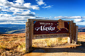 Alaska, USA: Welcome to Alaska sign at Canadian border on Top of the World Highway