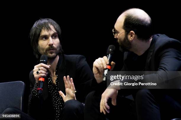 Francesco Bianconi and Claudio Brasini, members of the Italian band Baustelle, attend their conference to introduce their new album during the event...