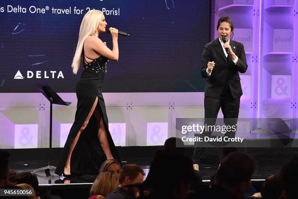 Erika Jayne and Dana Goldberg attend the 29th Annual GLAAD Media Awards - Arrivals at The Beverly Hilton Hotel on April 12, 2018 in Beverly Hills,...