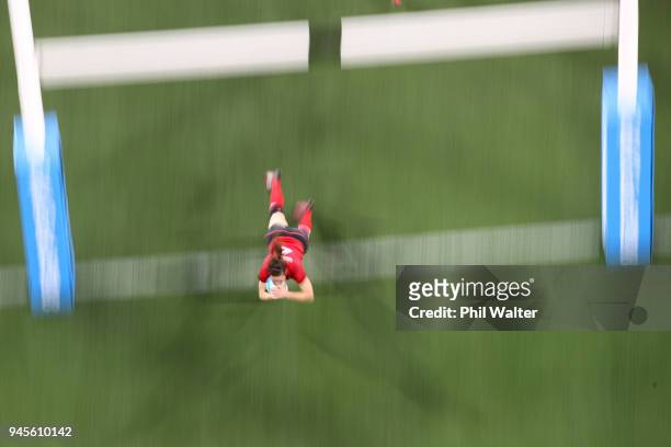 Emily Scarratt of England scores a try during the game between England and Fiji during Rugby Sevens on day nine of the Gold Coast 2018 Commonwealth...