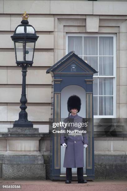 Guards in greatcoats on sentry duty at Buckingham Palace in London on February 2018